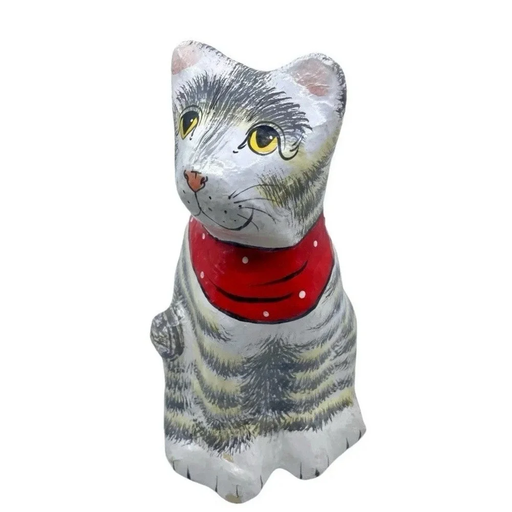Vintage Large Paper Mache Striped Cat with red handkerchief Statue
